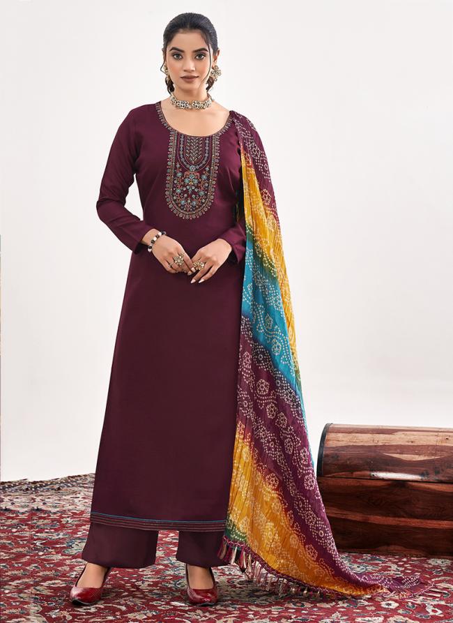 Rayon Maroon Casual Wear Embroidery Work Palazzo Suit